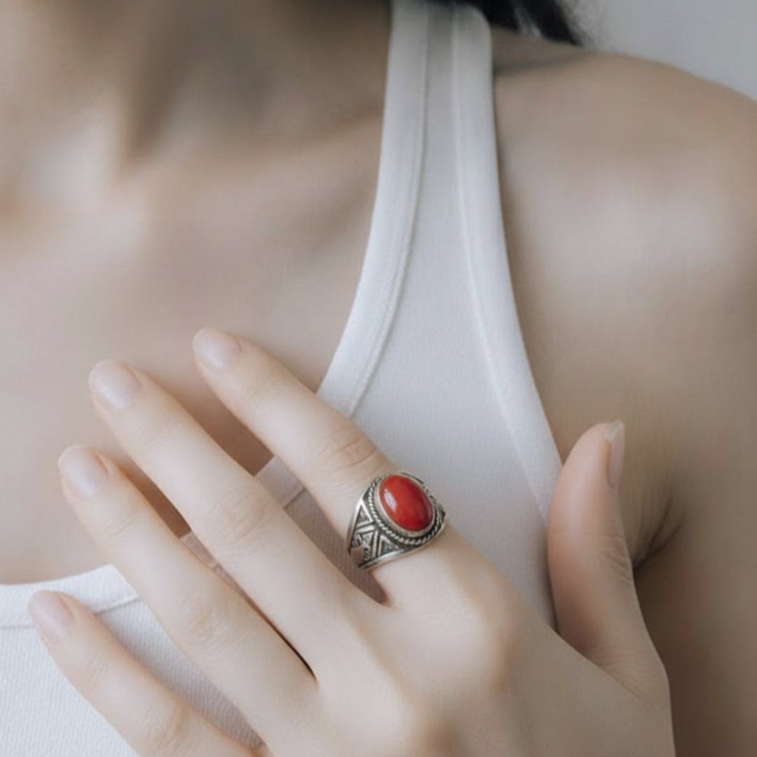 Bague Berbère Touareg en Argent 925 avec Corail Rouge Naturel Tunisien