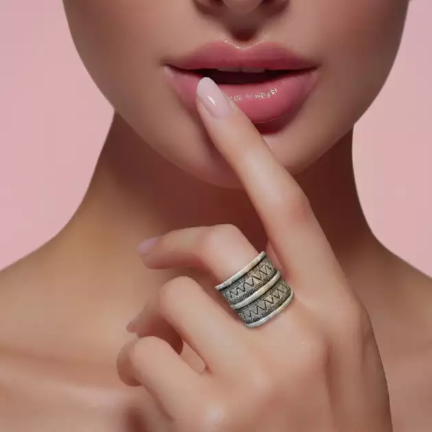 Bague Berbère "Double Zigzag" en Argent 925 – Anneau Large Ajustable Gravé Main | Lunja