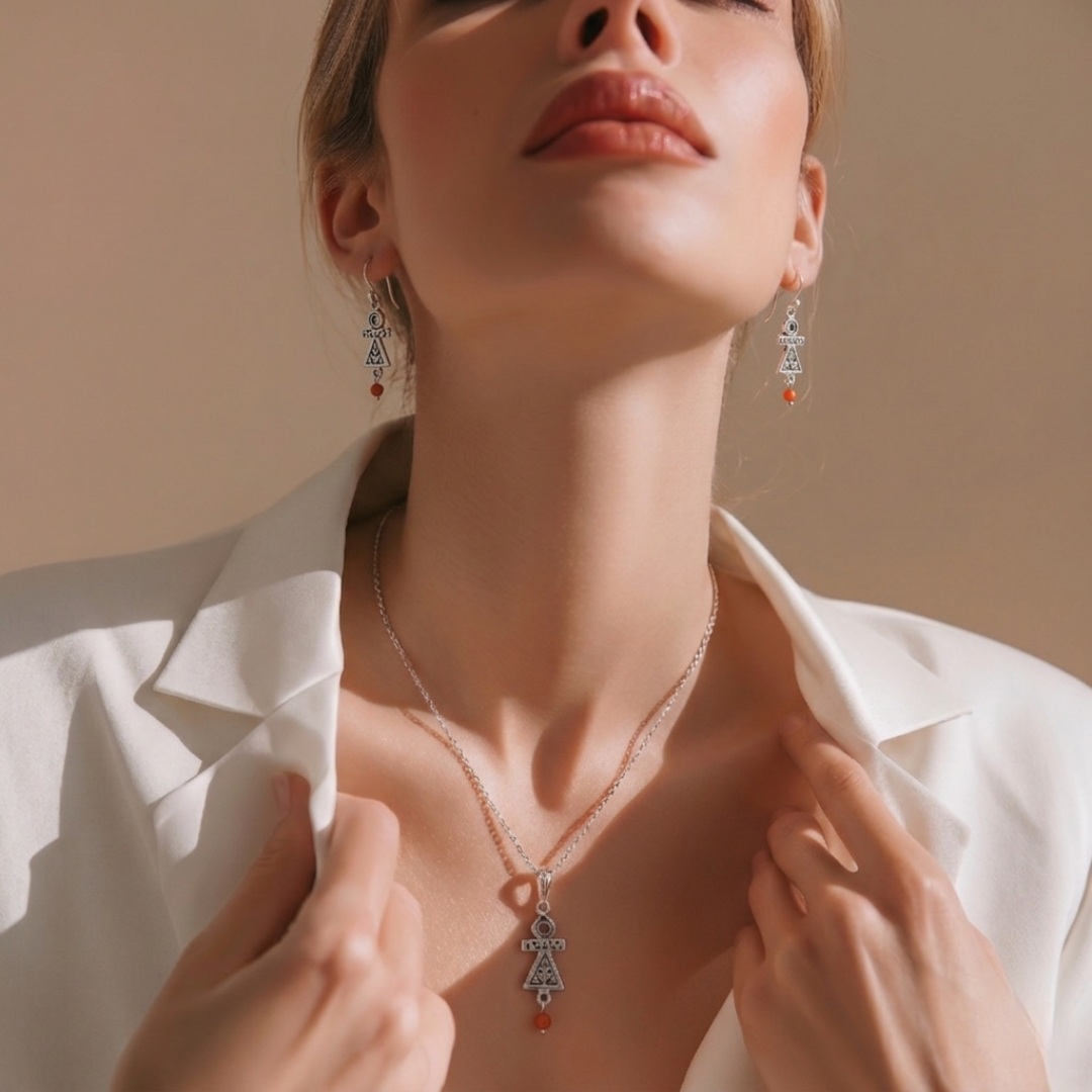 Parure Tanit petit en Argent 925 et Corail Naturel – Bijoux Berbères Artisanaux Lunja