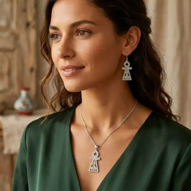 Parure Tanit en Argent 925 - Collier 45cm & Boucles d'Oreilles + Certificat