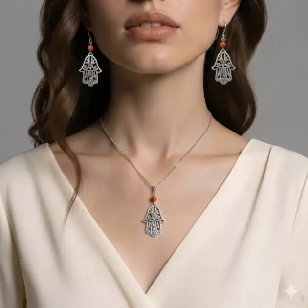 Parure Amazigh artisanale : Collier et Boucles d’oreilles Khomsa en Argent 925 et Corail Naturel
