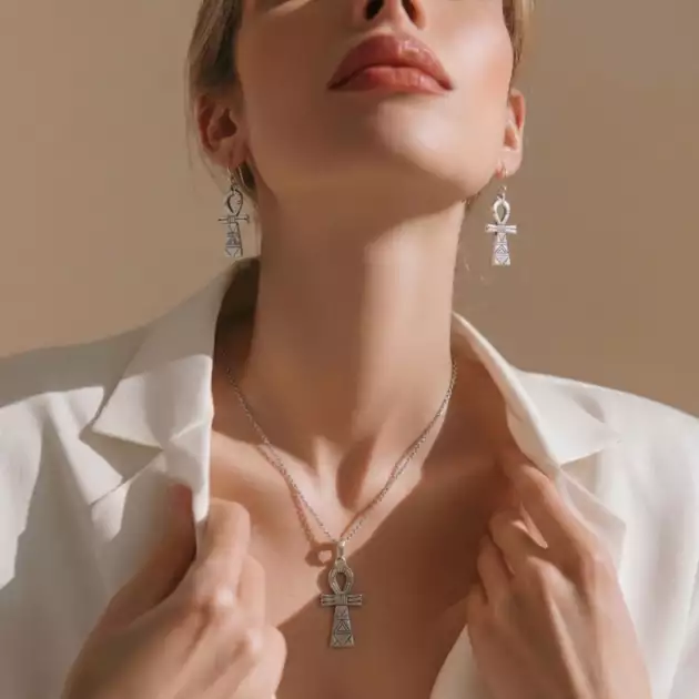 Parure Berbère en Argent 925 – Collier et Boucles d’Oreilles Croix de Vie (Ankh) – Artisanat Lunja