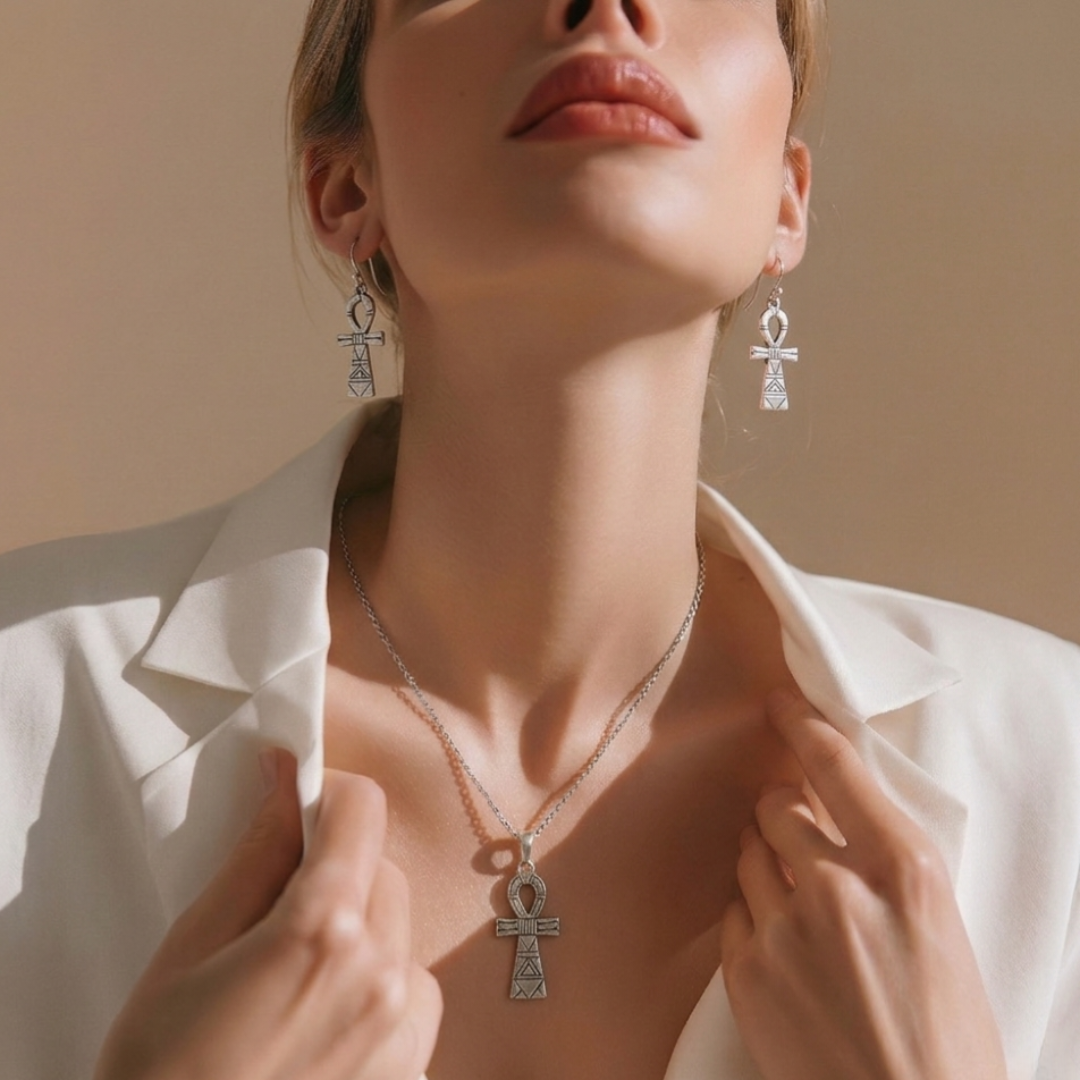 Parure Berbère en Argent 925 – Collier et Boucles d’Oreilles Croix de Vie (Ankh) – Artisanat Lunja