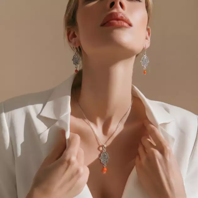 Parure Berbère Khomsa en Argent 925 et Corail Naturel – Artisanat Lunja Fait Main